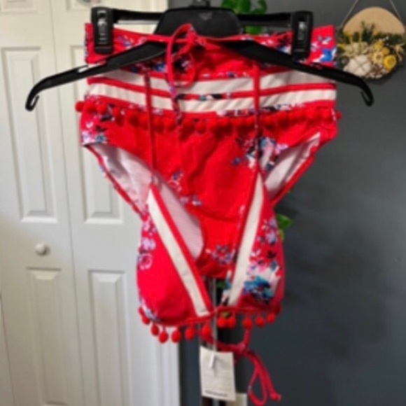 COCOSHIP Red Pom Pom High-waisted Mesh Insert Bikini Set in Floral - Picture 9 of 11